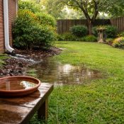 Standing water in a Houston backyard after rain, a common mosquito breeding site