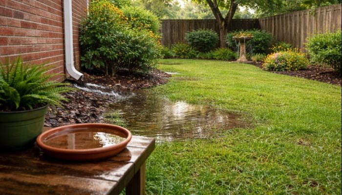 Standing water in a Houston backyard after rain, a common mosquito breeding site
